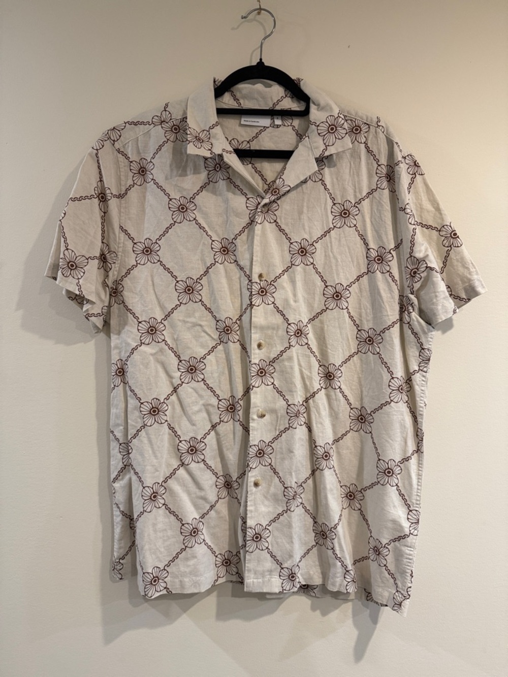 ASOS White Short-Sleeve Button-Up Shirt with Brown Floral Chain Print